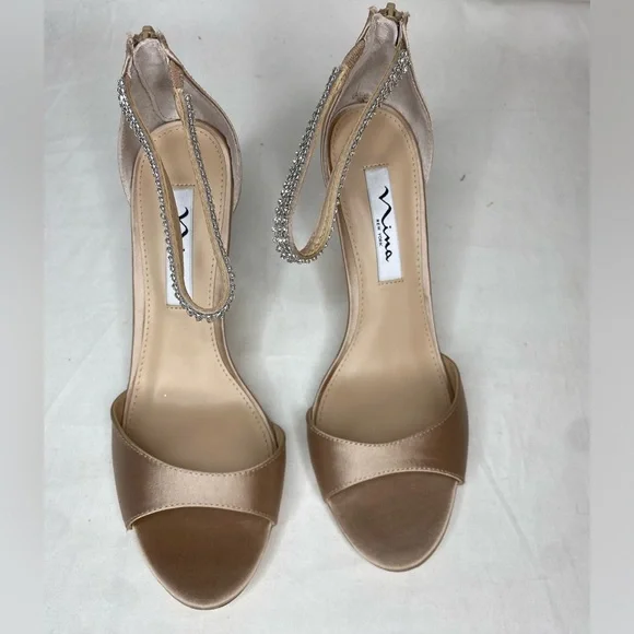 Women Nina Champagne Crystal Satin Ankle Strap High Heel Sandal 7.5M - Picture 4 of 9